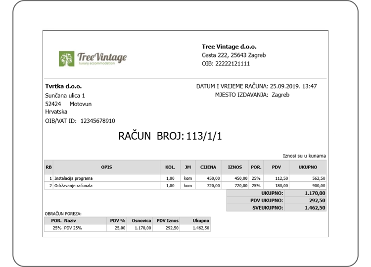 Primjer izgleda računa izrađenog u FisOffice aplikaciji